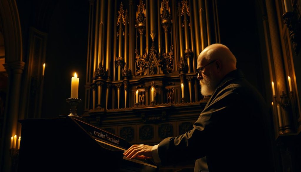 A dimly lit Baroque church interior, the warm glow of candlelight illuminating a skilled organist seated at a magnificent pipe organ. The organist's hands move gracefully across the intricate keyboard, their expression focused and intent as they coax rich, resonant chords from the instrument. The towering organ pipes rise majestically behind them, their ornate carvings and gilded details casting dramatic shadows. The scene evokes a sense of reverence and the timeless tradition of sacred music, perfectly capturing the essence of Johann Pachelbel's life as a renowned organist and composer.