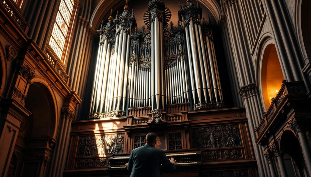 A grand baroque organ, its towering pipes reaching skyward, standing tall within a majestic cathedral interior. Soft, warm lighting bathes the scene, casting a reverent glow upon the ornate woodwork and intricate carvings. The organist's hands dance gracefully across the keys, coaxing forth a rich, resonant choral melody that fills the vast, echoing space. Shadows and highlights play across the intricate architectural details, evoking a sense of timeless elegance and spiritual contemplation. The overall composition conveys a harmonious blend of musical and architectural grandeur, befitting the Magnificat and its Pachelbellian treatment.