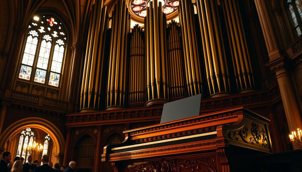 A magnificent baroque organ pipes reaching towards the heavens, bathed in warm, golden light filtering through stained glass windows. The ornate wooden console sits prominently in the foreground, its intricate carvings and gleaming ivory keys inviting the organist to coax out a majestic, resonant Prélude. The middle ground features richly decorated pillars and arches, hinting at the grandeur of the church sanctuary. In the background, shadowy figures of the choir can be seen, their voices joining the organ in a harmonious swell of sacred music. The overall atmosphere is one of solemn reverence and profound spirituality, befitting the Magnificat composition by the renowned Pachelbel.