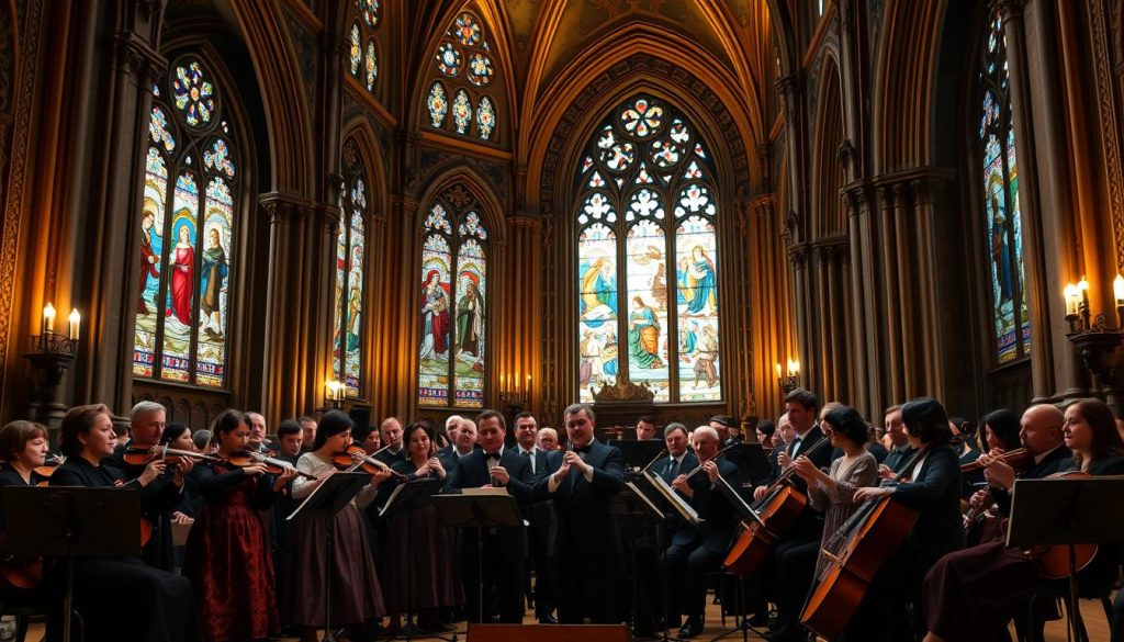 An ornate Baroque ensemble performing the "Magnificat" by Johann Pachelbel, with a choir of soaring voices accompanied by a rich tapestry of trumpets, violins, and a steady bass continuo. The musicians are situated in a grand cathedral interior, the warm light from stained glass windows casting a reverent glow upon the scene. Intricate architectural details, such as arched ceilings and ornate columns, frame the ensemble, heightening the grandeur and solemnity of the musical performance. The overall mood is one of reverence, majesty, and the transcendent power of sacred Baroque music.