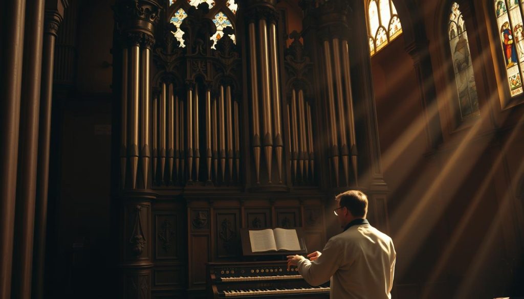 A baroque pipe organ stands majestically in the foreground, its ornate pipes and intricate carvings reflecting the rich musical heritage of the Germanic Baroque style. In the middle ground, a solitary musician contemplates the instrument, their fingers tracing the intricate patterns of the keyboard, as if communing with the spirits of past composers. The background is suffused with a warm, amber glow, evoking the timeless allure of classical music and its enduring influence on the cultural landscape. Soft rays of light filter through stained glass windows, casting a reverent, contemplative atmosphere over the scene. The overall composition conveys a sense of reverence, inspiration, and the enduring power of musical tradition.