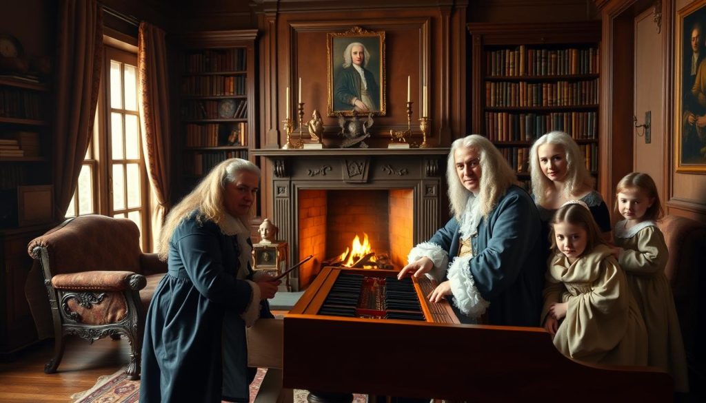 A grand family portrait of the Bach clan, gathered in a cozy, well-lit drawing room. In the foreground, the patriarch Johann Pachelbel sits at a harpsichord, fingers dancing across the keys. His wife and children surround him, dressed in the fashions of 17th-century Germany. The middle ground features a warm, inviting fireplace, casting a soft glow over the scene. In the background, tall bookcases line the walls, hinting at the family's scholarly pursuits. The composition is balanced, with each figure and element contributing to the harmonious whole, much like the musical compositions Pachelbel was renowned for. An air of quiet contemplation and family togetherness permeates the image, reflecting the life and legacy of this influential Baroque composer. A grand family portrait of the Bach clan, gathered in a cozy, well-lit drawing room. In the foreground, the patriarch Johann Pachelbel sits at a harpsichord, fingers dancing across the keys. His wife and children surround him, dressed in the fashions of 17th-century Germany. The middle ground features a warm, inviting fireplace, casting a soft glow over the scene. In the background, tall bookcases line the walls, hinting at the family's scholarly pursuits. The composition is balanced, with each figure and element contributing to the harmonious whole, much like the musical compositions Pachelbel was renowned for. An air of quiet contemplation and family togetherness permeates the image, reflecting the life and legacy of this influential Baroque composer.