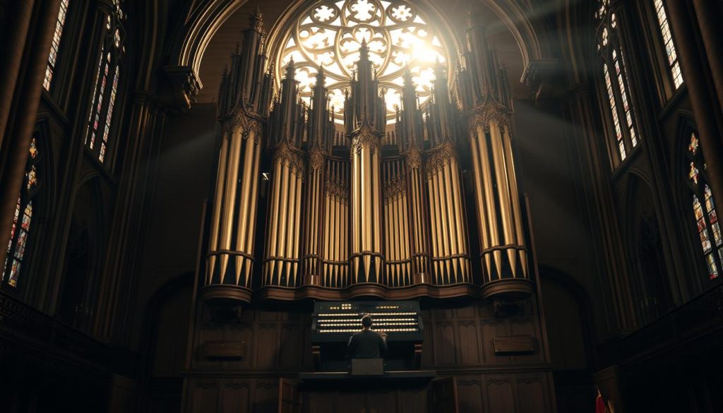 A grand, ornate pipe organ stands majestically in a dimly lit, cavernous church interior. Sunlight filters through stained glass windows, casting a warm, ethereal glow over the intricate wooden carvings and gilded pipes. The organist's nimble fingers dance across the keyboard, filling the air with a rich, sonorous symphony. The instrument's towering presence commands the attention, its imposing scale and grandeur befitting the renowned Johann Pachelbel, a master of the organ and a seminal figure in the Baroque music tradition. A grand, ornate pipe organ stands majestically in a dimly lit, cavernous church interior. Sunlight filters through stained glass windows, casting a warm, ethereal glow over the intricate wooden carvings and gilded pipes. The organist's nimble fingers dance across the keyboard, filling the air with a rich, sonorous symphony. The instrument's towering presence commands the attention, its imposing scale and grandeur befitting the renowned Johann Pachelbel, a master of the organ and a seminal figure in the Baroque music tradition.