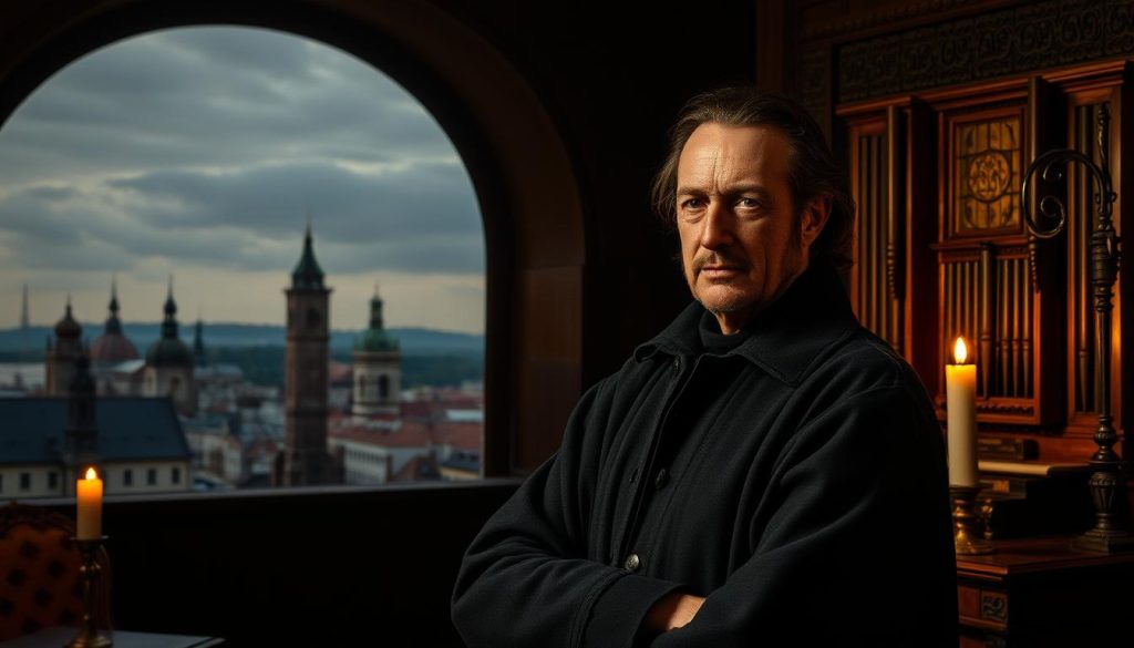 A portrait of Kaspar Prentz, a renowned Nuremberg composer and organist who lived during the late 17th century. Set against the backdrop of Nuremberg's historic skyline, Prentz stands in a dimly lit room, his face illuminated by a warm, amber glow from a nearby candle. His gaze is pensive, as if lost in the contemplation of a musical score. The rich, baroque-inspired interior is adorned with ornate furniture and a grand, antique pipe organ, conveying the sense of a creative mind steeped in the musical traditions of the era. The overall atmosphere is one of introspection and artistic refinement, befitting the life and legacy of this important figure in Nuremberg's musical history.