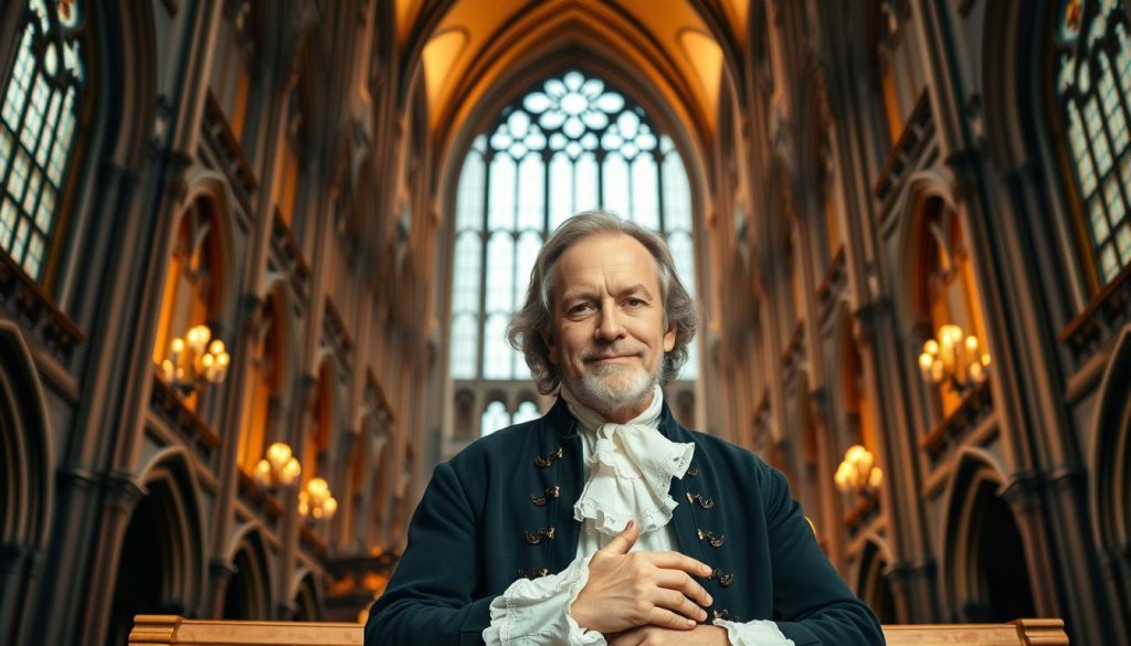 A portrait of the German Baroque composer Johann Pachelbel set against the backdrop of a grand European cathedral. In the foreground, Pachelbel stands tall and proud, dressed in the formal attire of a 17th-century organist, his hands poised over an intricately carved pipe organ. The middle ground showcases the ornate interior of the church, its towering arches and stained-glass windows bathed in a warm, golden light. In the background, the imposing silhouette of the cathedral's exterior dominates the scene, its Gothic spires reaching towards the heavens, a testament to the grand scale and grandeur of the era. The overall mood is one of reverence and artistic achievement, capturing the essence of Pachelbel's prestigious career as he presided over the music of this iconic European church. A portrait of the German Baroque composer Johann Pachelbel set against the backdrop of a grand European cathedral. In the foreground, Pachelbel stands tall and proud, dressed in the formal attire of a 17th-century organist, his hands poised over an intricately carved pipe organ. The middle ground showcases the ornate interior of the church, its towering arches and stained-glass windows bathed in a warm, golden light. In the background, the imposing silhouette of the cathedral's exterior dominates the scene, its Gothic spires reaching towards the heavens, a testament to the grand scale and grandeur of the era. The overall mood is one of reverence and artistic achievement, capturing the essence of Pachelbel's prestigious career as he presided over the music of this iconic European church.