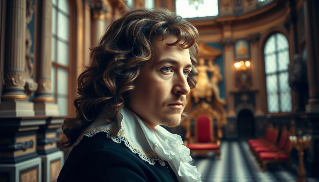 A portrait of the renowned Baroque composer Johann Pachelbel, set against a backdrop of ornate Baroque architecture and furnishings. Pachelbel is depicted in a three-quarter view, his gaze directed slightly off-camera, conveying a sense of introspection and focus. The lighting is soft and warm, creating a sense of timelessness and reverence. The scene is rendered in a muted color palette, with rich, saturated hues that evoke the grandeur of the Baroque era. The composition balances Pachelbel's figure with the architectural details, creating a harmonious and visually striking image that captures the essence of Pachelbel's musical style and legacy.