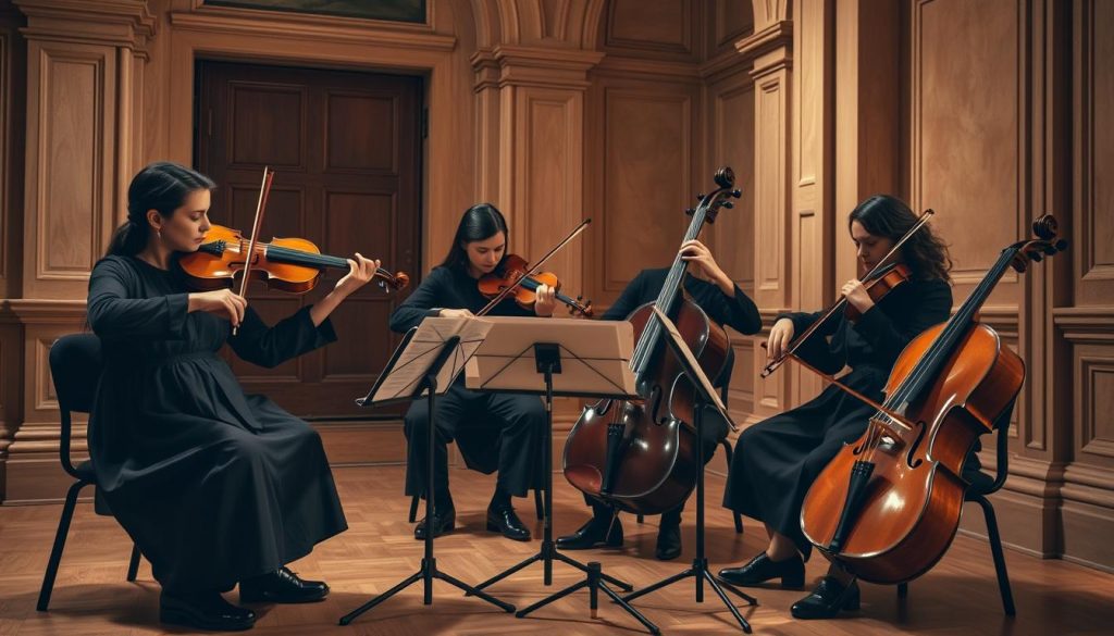 Baroque chamber ensemble: a trio of violins accompanied by a basso continuo, performing Pachelbel's Canon in D major. The musicians are positioned in a warm, softly lit chamber, their instruments poised and bodies in motion, conveying the stately, harmonious flow of the composition. Detailed textures of wood, strings, and rosin complement the period attire. The composition is framed by a classically inspired architectural backdrop, evoking the refined musical aesthetics of the German Baroque era.