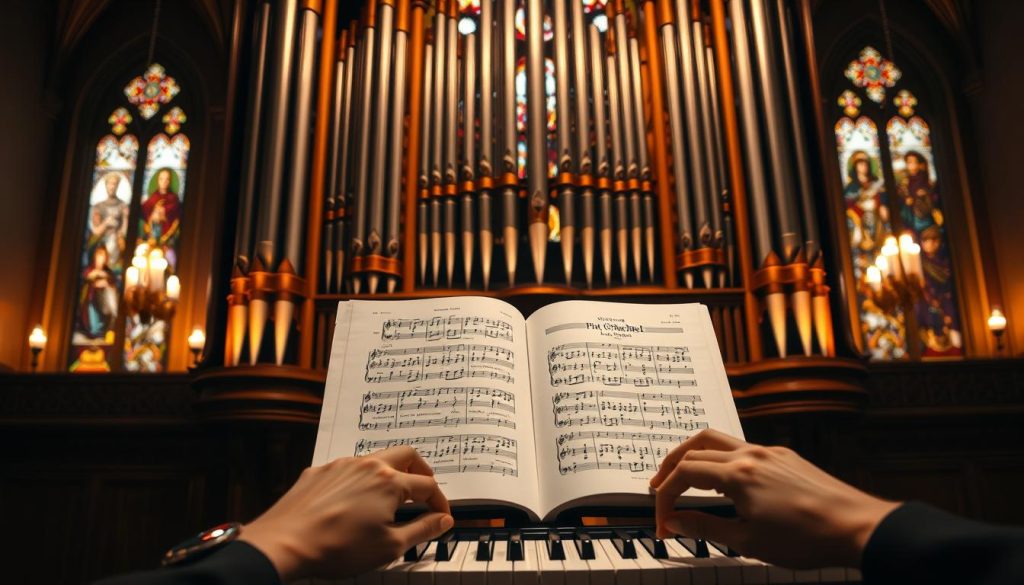 A beautifully lit, high-resolution photograph of a grand pipe organ console, its intricate wooden and metal pipes reaching majestically towards the heavens. In the foreground, a pair of hands elegantly playing the organ's keyboard, conveying a sense of reverence and mastery. The middle ground features carefully curated sheet music, open to a choral piece by Johann Pachelbel, the focus of the article. The background is a dimly lit church interior, stained glass windows casting warm, diffused light that imbues the scene with a serene, contemplative atmosphere.