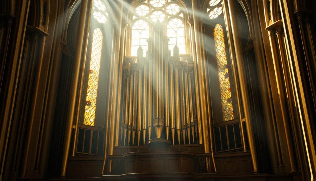 A choral voix, ethereal and haunting, hovers above a grand pipe organ. The instrument's majestic pipes rise in the background, their warm, resonant tones infusing the scene with a sense of reverence. Soft, golden light filters through stained glass windows, casting a serene glow upon the space. The voix, a delicate and expressive vocal line, intertwines with the organ's harmonies, creating a sublime and contemplative atmosphere. The composition is a masterful blend of timbres, inviting the listener to immerse themselves in the timeless beauty of Pachelbel's choral works.