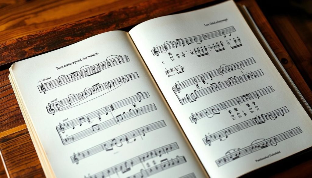 A classical baroque music score with a basse continue progression harmonique, featuring intricate and overlapping clefs for piano, violin, and guitar. The sheet music is displayed on a wooden music stand, with a soft, warm lighting illuminating the delicate details of the notation. The composition has a harmonious, contemplative atmosphere, evoking the serene and elegant style of Pachelbel's famous canon. The overall composition is balanced and visually appealing, creating a visually striking representation of the section's subject matter.