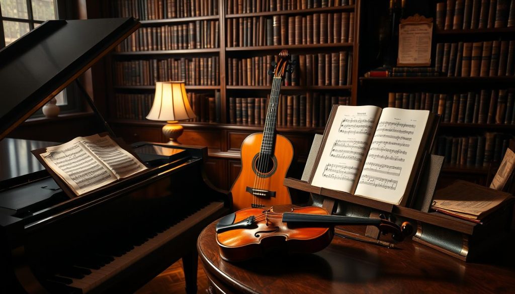 A dimly lit antique study, filled with the rich tones of mahogany and leather. In the foreground, a grand piano stands open, its keys casting shadows across a score of Pachelbel's iconic Canon. Beside it, a violin rests on a wooden table, its polished surface reflecting the warm glow of a single lamp. In the middle ground, a vintage guitar leans against a bookshelf, its strings gently vibrating, as if ready to play the familiar melody. In the background, shelves of aged music books and manuscripts, hinting at the history and evolution of this timeless composition, from its original format to its many interpretations and transpositions.