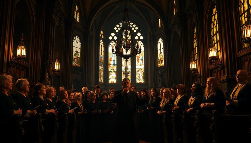 A dimly lit, intimate baroque cathedral interior, with ornate architectural details and stained glass windows casting warm, golden light across the scene. In the foreground, a choir of robed singers stand in perfect formation, their faces focused and expressive as they perform a solemn, a cappella piece. The acoustics of the space lend a rich, resonant quality to their voices, creating an atmosphere of reverence and contemplation. The middle ground features carved wooden pews and ornate chandeliers, while the background is shrouded in soft shadows, emphasizing the sacred ambiance. The overall mood is one of sacred solemnity, reflecting the cultural and social context of the Baroque period.