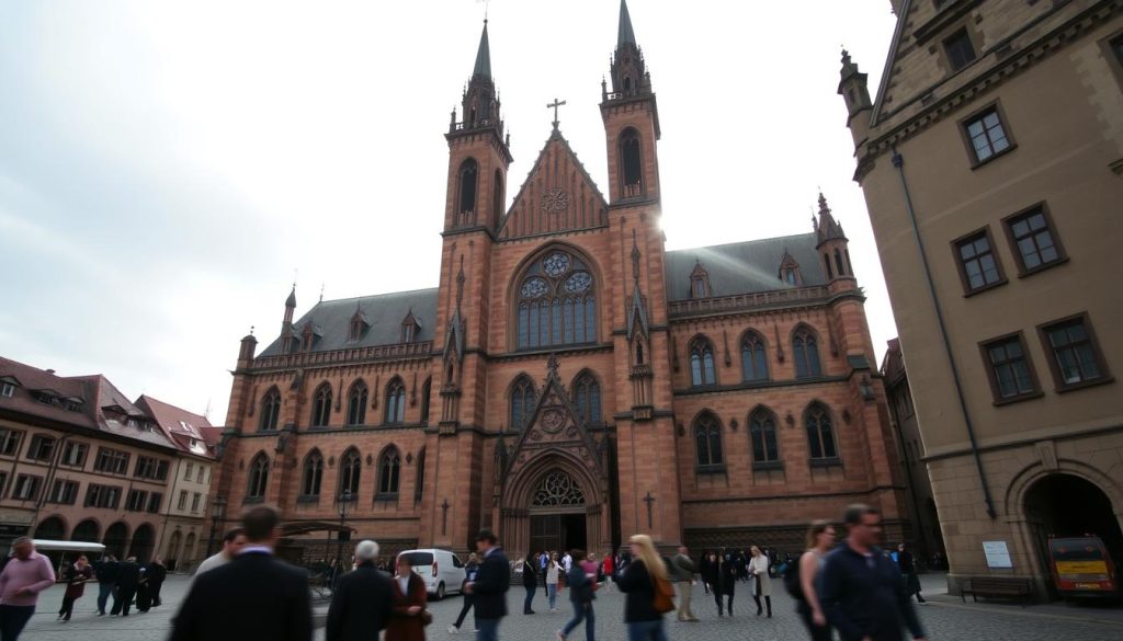 A grand Romanesque church in Nuremberg, Germany, the Basilica of St. Sebald, standing tall and majestic against a soft, overcast sky. The intricate stone façade, adorned with ornate carvings and towering spires, casts long shadows across the cobblestoned square. Sunlight filters through the stained-glass windows, casting a warm glow upon the weathered walls. In the foreground, a small group of townspeople gathers, their figures blurred, creating a sense of tranquility and timelessness. The atmosphere is one of reverence and history, evoking the final years of the renowned composer Johann Pachelbel, who once played the church's grand organ.