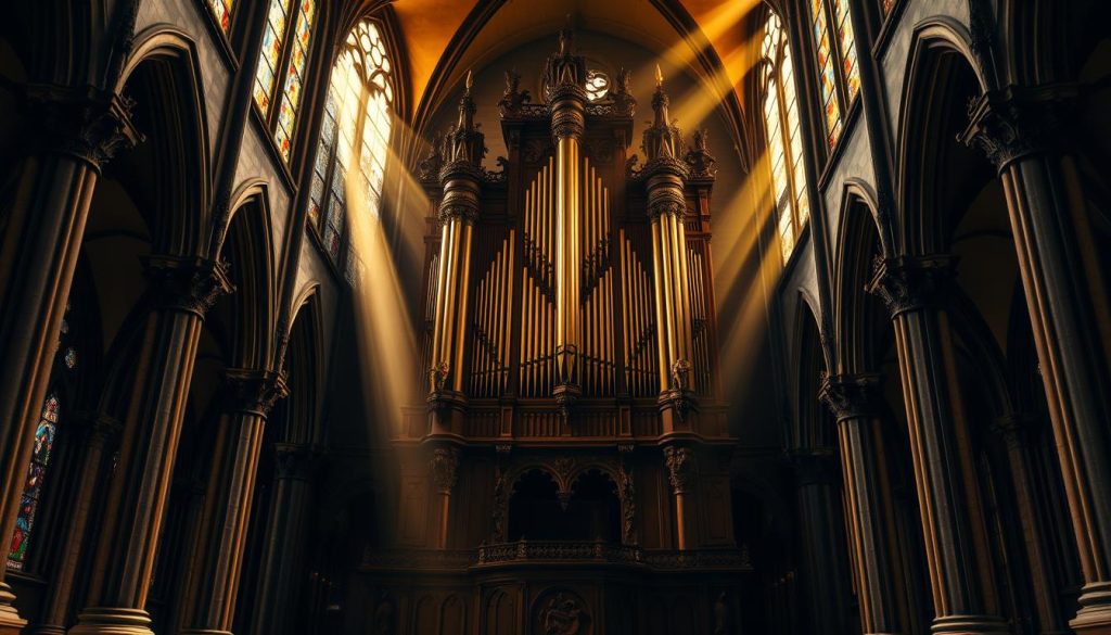 A grand, ornate baroque pipe organ situated in a dimly lit cathedral interior. The instrument dominates the foreground, its majestic pipes reaching towards the vaulted ceiling. Shafts of warm, golden light stream through stained glass windows, casting a soft, reverent glow over the carved wooden casework. Ornate stone columns and intricate architectural details fill the middle ground, while the distant apse is shrouded in shadow, evoking a sense of contemplative solemnity. The scene conveys the towering, awe-inspiring presence of the organ, a testament to the virtuosity of composers like Johann Pachelbel who would have performed on such instruments.