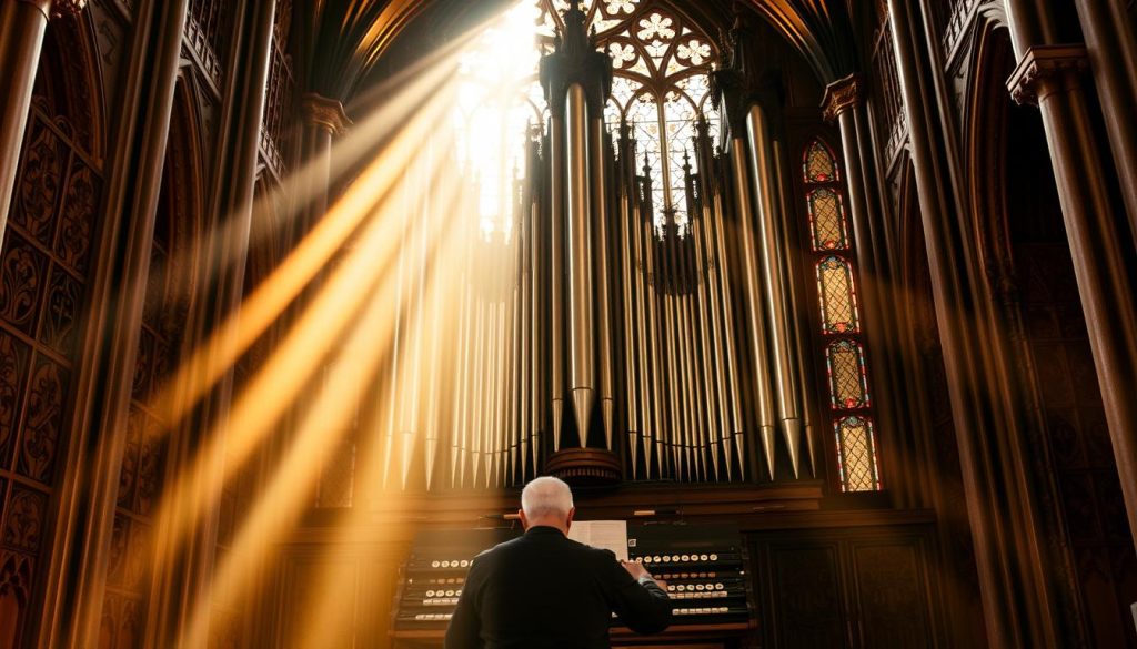 A grand pipe organ, its majestic pipes reaching skyward, stands in a sunlit cathedral. Intricately carved wooden panels frame the instrument, their intricate designs a testament to the artistry of the era. The organist, hands deftly dancing across the keys, coaxes out the rich, harmonious tones of Pachelbel's iconic "Canon in D", the masterpiece echoing through the hallowed space. Warm beams of light stream through stained glass windows, casting a reverent glow upon the scene, as if to honor the enduring legacy of this musical genius. The atmosphere is one of timeless grandeur, capturing the lasting influence of Pachelbel's compositions across generations, from the Baroque to the present day.