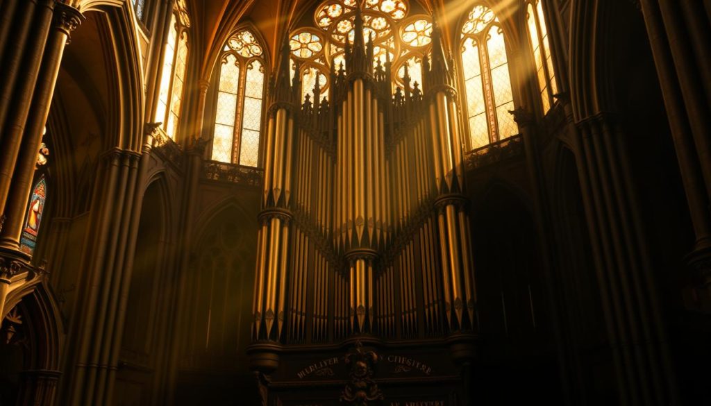 A large, ornate pipe organ stands majestically in a dimly lit Gothic cathedral. The intricate pipes, carved wooden panels, and gilded accents create a sense of grandeur and reverence. Warm, golden light filters through stained glass windows, casting a soft, ethereal glow on the scene. The organ's pipes are arranged in a symmetrical, cascading design, hinting at the rich, resonant tones it is capable of producing. The surrounding architecture features vaulted ceilings, stone walls, and ornate architectural details, establishing a sense of historical significance and artistic sophistication. This image evokes the influential role of the church organ in the musical legacy of renowned composers like Johann Pachelbel and the Bach family.
