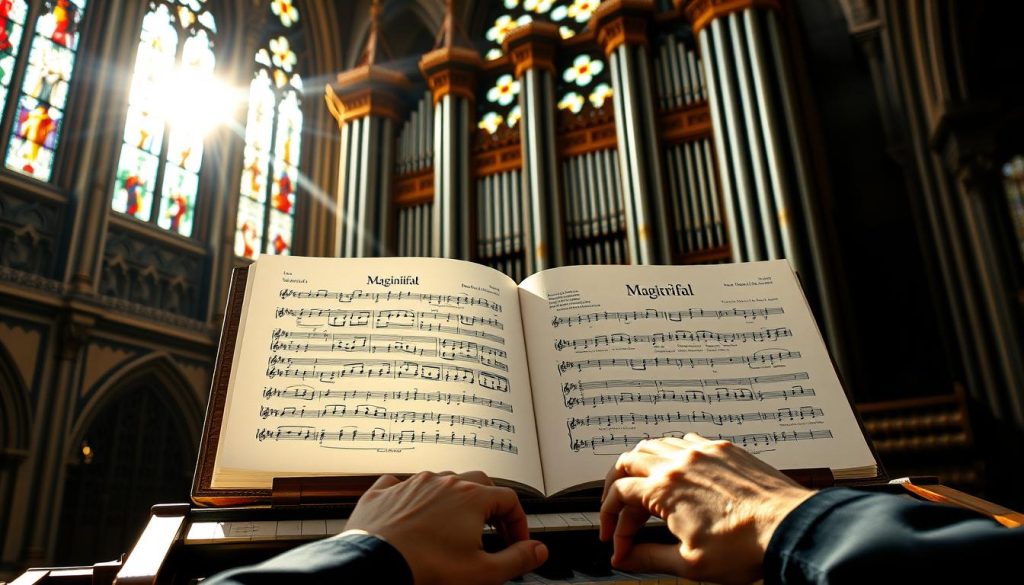 A magnificent pipe organ stands in a grand cathedral, sunlight streaming through stained glass windows. In the foreground, sheet music for Johann Pachelbel's "Magnificat" lies open, the intricate fugal patterns and swirling harmonies captured in vibrant detail. The organist's hands dance across the keyboard, coaxing rich, resonant tones from the instrument. The atmosphere is one of reverence and contemplation, inviting the viewer to immerse themselves in the timeless beauty of Baroque organ music. The scene is rendered with photorealistic clarity, the textures and lighting evoking the grandeur of a historic place of worship.
