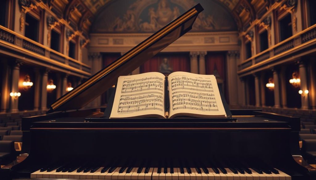 A majestic grand piano stands in the foreground, its polished ebony surface gleaming under the soft, warm lighting. In the middle ground, an open music score rests on the piano's lid, the handwritten notes and intricate clefs suggesting the rich, classical compositions of Johann Pachelbel. The background is a dimly lit, elegant concert hall, its high ceilings and ornate architectural details hinting at the grandeur of Pachelbel's musical legacy. The overall atmosphere is one of reverence and timeless artistry, reflecting the enduring impact of this renowned German Baroque composer.