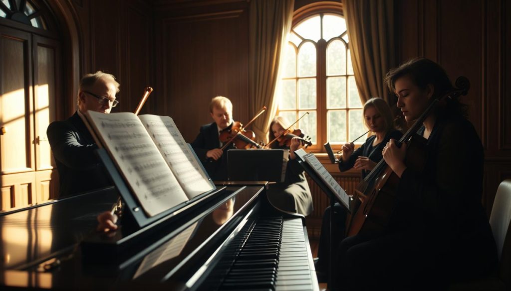 A video canon by Pachelbel, with a grand piano in the foreground reflecting the musical score, surrounded by a string quartet playing the iconic composition. Muted sunlight filters through a window, casting a warm, nostalgic glow. The musicians are lost in the moment, their expressions conveying a sense of reverence and deep inspiration. The background is a cozy, wood-paneled chamber, hinting at the rich musical tradition that has sustained this timeless piece. The overall scene evokes a feeling of tranquility, trust, and the enduring power of Pachelbel's masterwork.