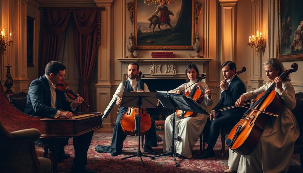 An intimate chamber music setting in a refined, elegant salon. A quartet of musicians dressed in period costumes perform on period instruments - a harpsichord, a cello, a violin, and a viola. Warm, soft lighting illuminates the musicians, casting gentle shadows that accentuate the textures of their clothing and instruments. The background features ornate architectural details, plush curtains, and a hint of a grand fireplace, conveying a sense of opulence and grandeur befitting a nobleman's private concert hall. The overall mood is one of refined sophistication, reflecting the refined, introspective nature of Pachelbel's chamber works.