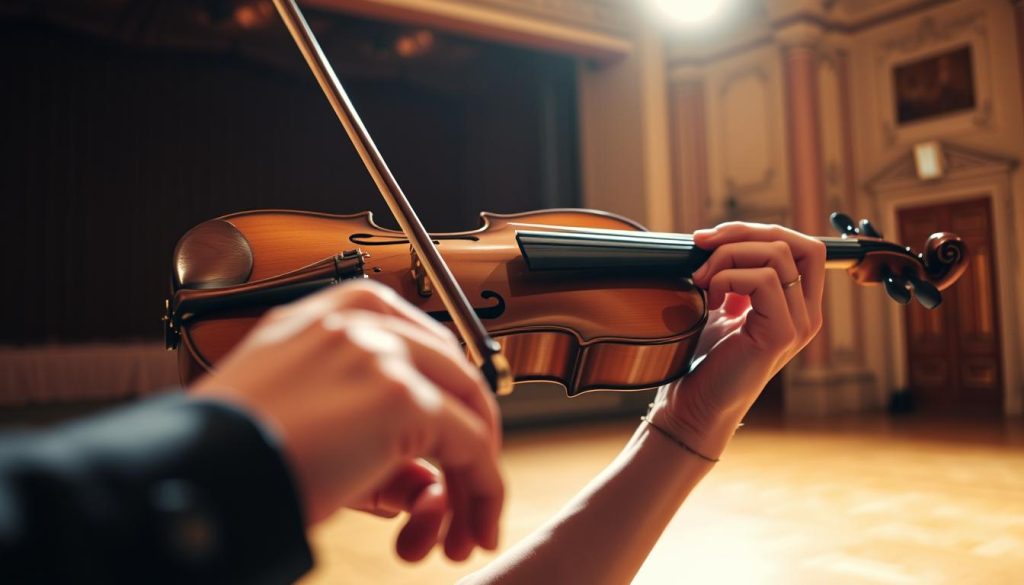 Elegant violin solo performance of Pachelbel's Canon, set against a refined, classical backdrop. In the foreground, a skilled violinist plays with precise, expressive strokes, their fingers gliding effortlessly along the strings. The violin's warm, resonant tone fills the air, conveying the piece's timeless, melodic clarity. Behind the performer, a dimly lit, softly focused stage suggests an intimate concert hall setting, with hints of ornate architectural details hinting at the classical era. Warm, natural lighting bathes the scene, creating a sense of refinement and reverence befitting the renowned Pachelbel composition.