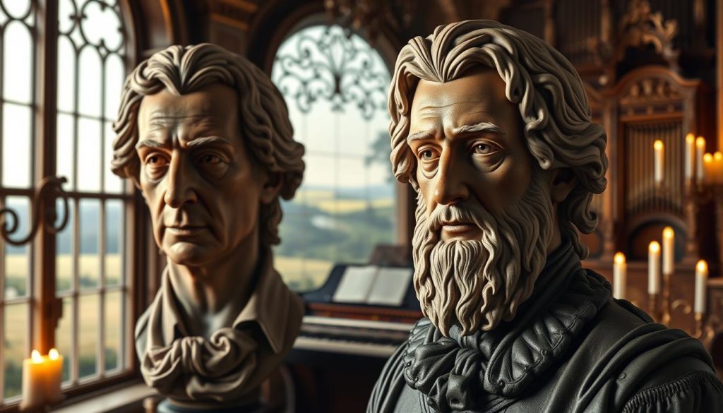 A baroque-inspired portrait showcasing the life and times of Johann Pachelbel, renowned German composer and organist. In the foreground, a detailed bust of Pachelbel's likeness, his pensive expression conveying the depth of his musical genius. Behind him, a meticulously rendered baroque interior, complete with ornate furnishings, a grand harpsichord, and candles casting a warm, golden glow. In the background, a window offers a glimpse of a tranquil, pastoral landscape, hinting at Pachelbel's life and influences. The overall composition exudes an air of contemplative reverence, capturing the essence of this celebrated musical figure.