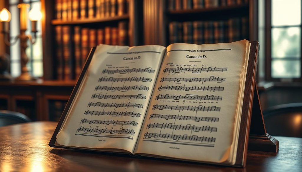 A beautifully engraved sheet of classical music, the "Canon in D" by Pachelbel, delicately displayed on a mahogany table. The score is illuminated by soft, warm lighting, casting gentle shadows across the aged parchment. The composition is framed by a wooden music stand, lending an air of timeless elegance. In the background, a bookshelf filled with leather-bound volumes suggests a scholarly, erudite environment. The overall mood is one of reverence and appreciation for the timeless artistry of this beloved musical work.