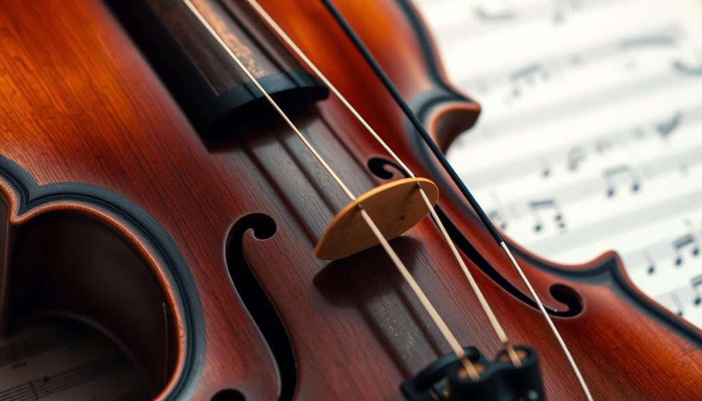 A detailed, close-up view of a classical violin, its dark wood body and delicately carved f-holes glistening under warm, soft lighting. The neck is gracefully angled, the fingerboard worn from years of use. The strings are taut, ready to sing with the touch of a skilled musician's bow. The violin is placed against a subtly blurred background, with hints of sheet music visible, evoking the meditative practice of learning this timeless instrument. The overall atmosphere is one of reverence and focus, setting the stage for a step-by-step exploration of mastering the Pachelbel Canon on the violin.