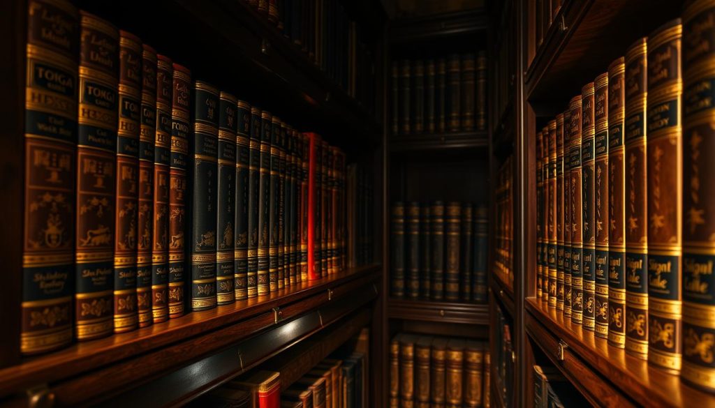 A detailed, high-quality catalogue of organ music, meticulously organized and presented on antique wooden shelves in a dimly lit, cozy library setting. The shelves are adorned with aged brass hardware, casting warm reflections across the polished surface. The spines of the books feature intricate calligraphic titles, hinting at the treasures within. Soft, indirect lighting illuminates the scene, creating a contemplative atmosphere. The overall composition conveys a sense of scholarly tradition and reverence for the musical works documented within this catalogue.