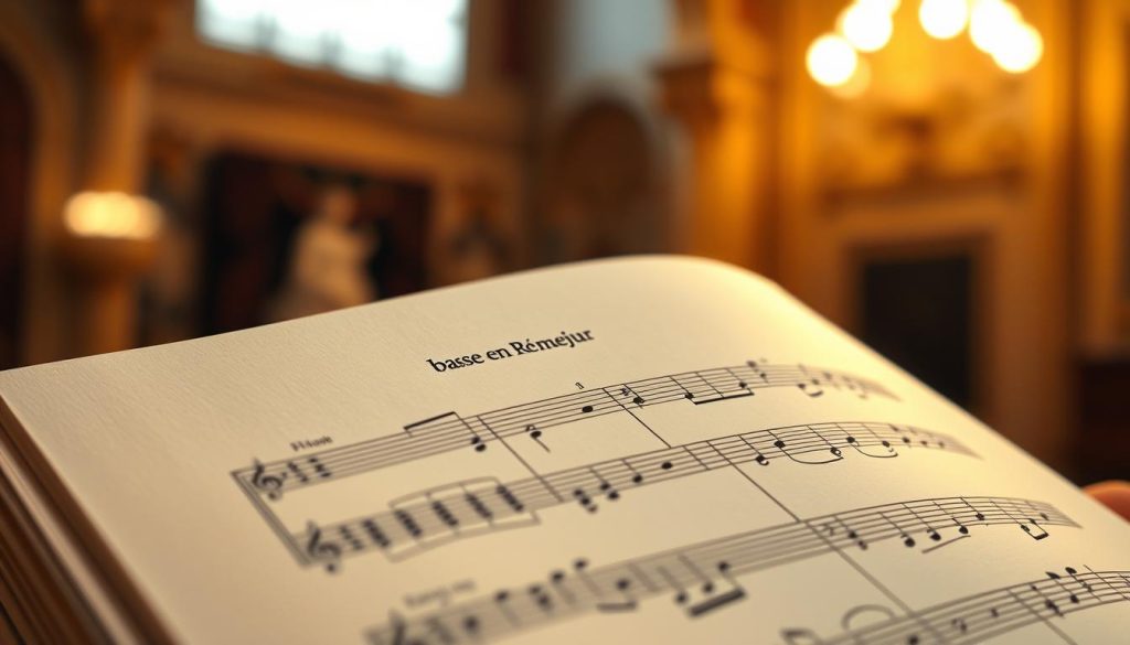 A detailed, high-resolution image of a sheet music page depicting the "basse en Ré majeur" from the Pachelbel Canon. The sheet music is displayed in an elegant, soft-focus foreground, with delicate lighting casting warm, golden hues across the paper. The background is a blurred, out-of-focus scene, hinting at a serene, classical setting, such as a dimly lit concert hall or a baroque-style interior. The composition emphasizes the musical structure, with a focus on the repeating bass line and chord progression that characterize the Pachelbel Canon. The image conveys a sense of refined, timeless musicality, perfectly suited to illustrate the "Comprendre la structure" section of the article.