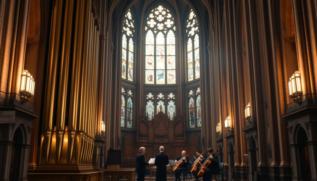 A grand cathedral interior with stained glass windows, illuminated by soft, warm lighting. In the foreground, a pipe organ stands tall, its pipes gleaming in the light. In the middle ground, a small ensemble of classical musicians performs, their instruments and expressions captured in intricate detail. The background fades into a hazy, atmospheric perspective, evoking a sense of timelessness and reverence for the art of classical music.