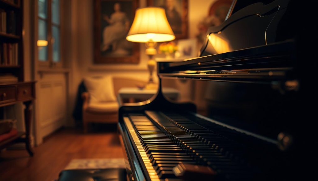 A grand piano sitting in a cozy, dimly lit room, its polished ebony surface reflecting the warm glow of a vintage lamp. The keyboard lies open, inviting the viewer to imagine the melancholic yet captivating Pachelbel's Canon being played. The piano is positioned in the foreground, with a soft, blurred background hinting at the room's decor, creating a sense of intimate, introspective atmosphere. The scene is captured with a shallow depth of field, drawing the eye towards the instrument and the music it represents.