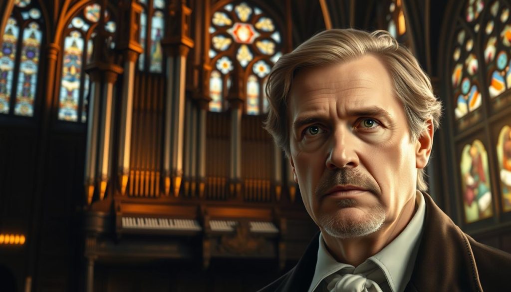 A grand pipe organ stands majestically in a dimly lit cathedral, its intricate pipes and ornate carvings bathed in warm, golden light. In the foreground, the serene face of Johann Pachelbel, the renowned German composer, appears in a detailed portrait, his piercing gaze and thoughtful expression capturing the essence of his musical genius. The background is filled with a sense of reverence and history, with stained glass windows casting a kaleidoscope of colors and the shadowy outlines of ornate architectural details. The overall atmosphere is one of reverence, creativity, and the enduring legacy of Pachelbel's timeless compositions.