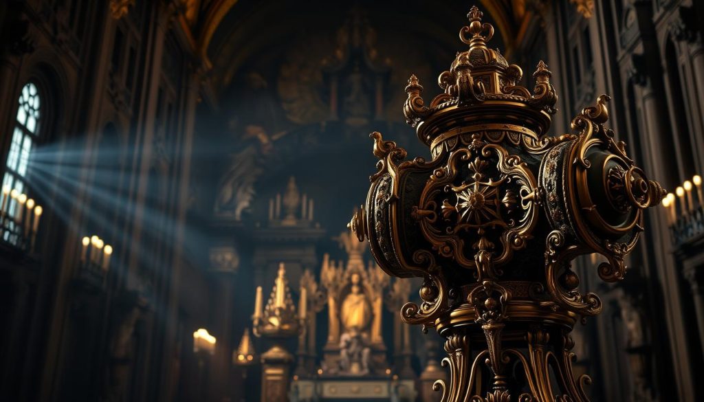 A majestic, ornate Baroque-style canon, its intricate design reminiscent of the grand cathedrals of Europe. The foreground features the canon itself, meticulously crafted with detailed, gilded embellishments and a striking, symmetrical composition. The middle ground showcases a dimly lit, richly textured backdrop, hinting at the grandeur of a baroque interior. Dramatic chiaroscuro lighting casts dramatic shadows, lending an air of mystery and depth. The overall atmosphere is one of reverence and timeless elegance, befitting the masterful compositions of the Baroque era. A visually stunning representation of the "version Baroque canon" that would perfectly complement the article's section on the best Pachelbel interpretations.