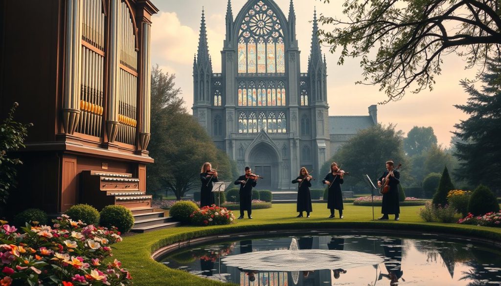 A serene, classical landscape featuring the iconic Canon de Pachelbel. In the foreground, a grand pipe organ stands majestic, its pipes gleaming in the soft, warm lighting. Surrounding it, a lush, verdant garden with blooming flowers and a tranquil pond, reflecting the organ's elegant silhouette. In the middle ground, a quartet of string musicians performs the timeless composition, their movements fluid and graceful. The background opens up to a grand cathedral, its stained glass windows casting a kaleidoscope of colors across the scene. An atmosphere of timeless elegance and musical inspiration pervades the entire composition.