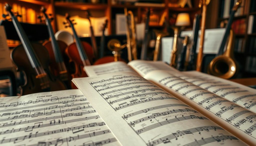 Scores featuring a variety of musical arrangements and transcriptions for different instrument ensembles. In the foreground, a selection of sheet music with notes and clefs, conveying the idea of exploring diverse instrumentation. In the middle ground, various musical instruments like strings, brass, and woodwinds, hinting at the possibilities for transcription. The background showcases a warm, ambient lighting, creating a cozy, academic atmosphere, reminiscent of a music library or practice room. The overall composition suggests the exploration and discovery of new interpretations of classical works. Scores featuring a variety of musical arrangements and transcriptions for different instrument ensembles. In the foreground, a selection of sheet music with notes and clefs, conveying the idea of exploring diverse instrumentation. In the middle ground, various musical instruments like strings, brass, and woodwinds, hinting at the possibilities for transcription. The background showcases a warm, ambient lighting, creating a cozy, academic atmosphere, reminiscent of a music library or practice room. The overall composition suggests the exploration and discovery of new interpretations of classical works.