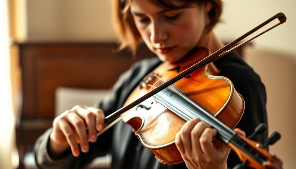 A classical musician playing a violin, performing against a soft, blurred background. The violin is held in the proper playing position, with the musician's fingers precisely placed on the fingerboard. Warm, natural lighting illuminates the scene, creating a cozy, intimate atmosphere. The musician's expression is focused, immersed in the music, embodying the essence of the "accompagnement violon" concept. The background is subtly suggestive of a practice or performance setting, with hints of a piano or other musical elements, without distracting from the central figure. The overall composition conveys a sense of harmony, skill, and the joy of musical collaboration.