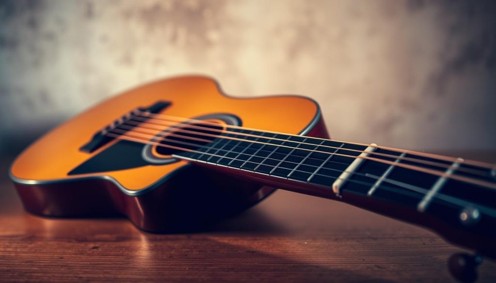 A detailed acoustic guitar resting on a wooden table, its body and neck reflecting the warm glow of soft, directional lighting. In the background, a blurred, textured wall with a subtle, earthy tone serves as a complementary backdrop. The guitar's strings are gently tensioned, ready to be plucked, evoking a sense of anticipation and the potential for melodic exploration. The overall composition conveys a serene, contemplative atmosphere, inviting the viewer to imagine the delicate, rhythmic arpeggio patterns of Pachelbel's Canon being played on this instrument. A detailed acoustic guitar resting on a wooden table, its body and neck reflecting the warm glow of soft, directional lighting. In the background, a blurred, textured wall with a subtle, earthy tone serves as a complementary backdrop. The guitar's strings are gently tensioned, ready to be plucked, evoking a sense of anticipation and the potential for melodic exploration. The overall composition conveys a serene, contemplative atmosphere, inviting the viewer to imagine the delicate, rhythmic arpeggio patterns of Pachelbel's Canon being played on this instrument.