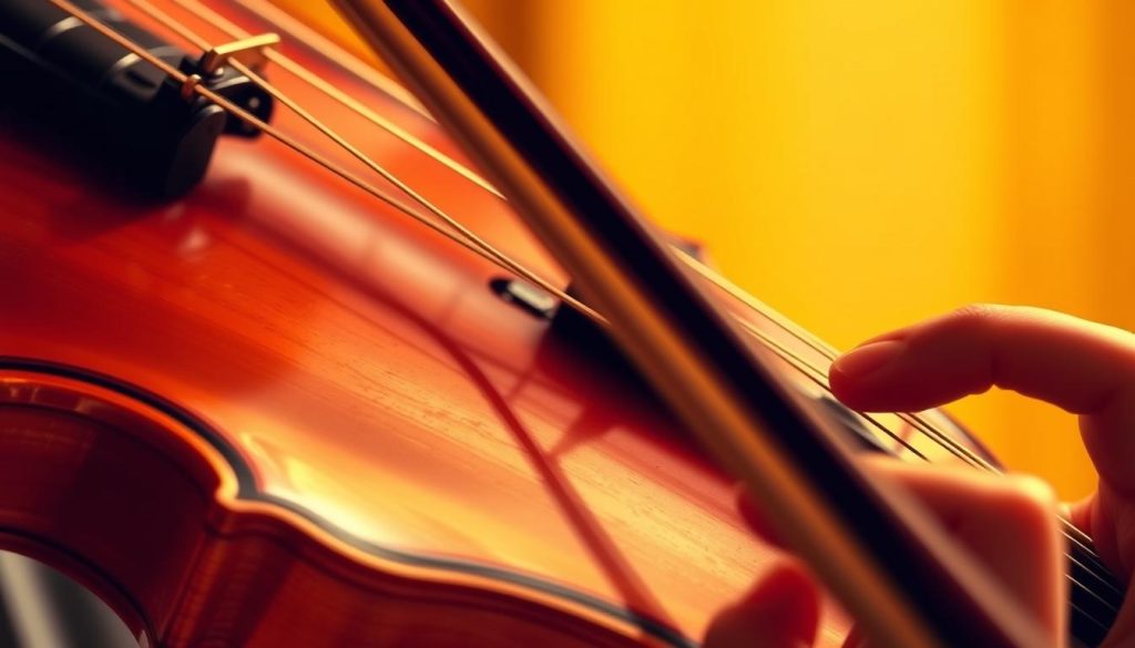 Detailed close-up of a violin neck and fingerboard, with the musician's hand playing the opening notes of Pachelbel's Canon. The camera angle is slightly angled to showcase the intricate fingering patterns and the fluid motion of the bow across the strings. The background is softly blurred, emphasizing the focus on the violin performance. Warm, golden lighting illuminates the scene, creating a classical and serene atmosphere. The image should capture the technical mastery and emotional depth required to perform this iconic piece on the violin.