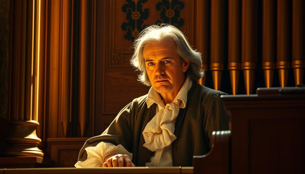A baroque portrait of the renowned German composer and organist Johann Pachelbel, sitting at a grand pipe organ, his fingers delicately poised over the keys. The scene is bathed in warm, golden lighting, creating a serene and contemplative atmosphere. Pachelbel's face is illuminated, revealing his pensive expression as he appears to be composing his famous "Canon," which has become a beloved and iconic piece of classical music. The intricate details of the ornate organ and the rich, textured fabric of Pachelbel's clothing add depth and dimension to the image. This portrait captures the essence of Pachelbel's life as a master of the Baroque style and his enduring legacy as a composer of timeless works.