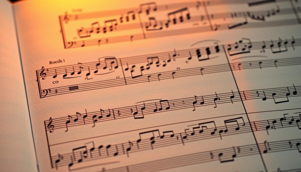 A detailed musical score with interweaving melodic lines and harmonies, showcasing the contrapuntal nature of Pachelbel's Canon. The foreground depicts the main theme, a series of overlapping melodies in different voices, each with its own distinct rhythm and character. In the middle ground, additional melodic lines emerge, creating a rich tapestry of harmonies and counterpoint. The background features a faded, ethereal representation of the overall musical structure, hinting at the underlying mathematical and architectural complexity of the composition. The scene is illuminated by a warm, amber-tinted lighting, evoking the timeless, meditative quality of the piece. The camera angle is slightly elevated, allowing the viewer to appreciate the intricate interplay of the musical lines and the overall harmonic coherence of the work.