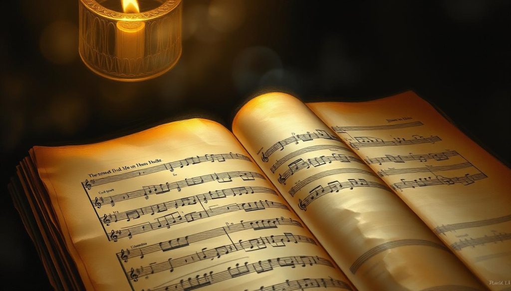 A finely detailed, classical oil painting of the iconic Canon in D by composer Johann Pachelbel. The composition focuses on the musical score itself, rendered in rich, warm tones and textures. The score is set against a dimly lit, ethereal backdrop, evoking a sense of timelessness and emotional resonance. Soft, glowing light emanates from the manuscript, illuminating the notes and creating a sense of reverence and tranquility. The painting captures the essence of Pachelbel's beloved work, which has become a staple of wedding ceremonies and other sacred rituals, elevating the human experience through the power of music.
