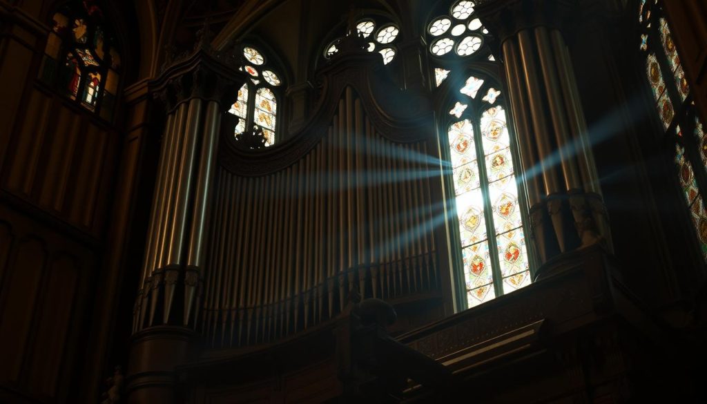 A grand Baroque organ, its majestic pipes towering against a dimly lit cathedral interior. Soft beams of light filter through stained glass windows, casting a warm, reverent glow. The organist's hands dance across the keyboard, coaxing rich, sonorous notes that reverberate through the expansive space. Ornate carvings and gilded details adorn the instrument, a testament to its cultural significance. The scene evokes a sense of timeless artistry and spiritual grandeur, befitting the portrait of a renowned Baroque organist.
