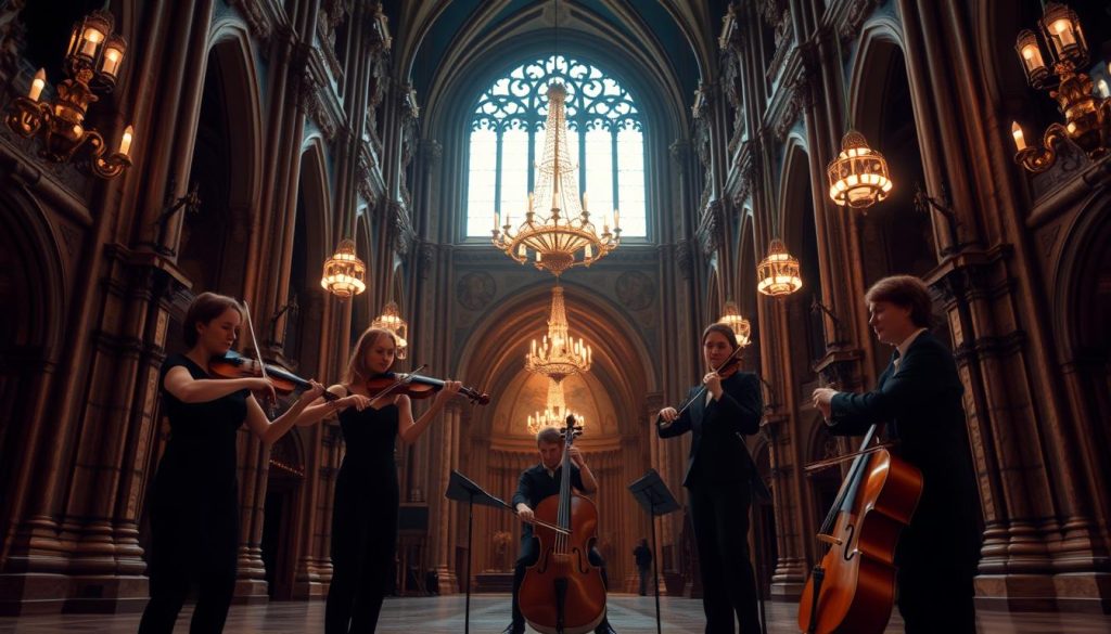 A grand cathedral interior, dimly lit by ornate chandeliers casting a warm glow. At the center, three violinists stand in a triangular formation, their bows moving in harmonious synchronicity, embodying the "Canon and Gigue in D major" by Pachelbel. The strings of their instruments seem to vibrate with the resonance of the music, as a solitary cellist provides the steady, pulsing bass line. The architecture frames the scene, with soaring arches and intricate stone carvings, creating a sense of timeless grandeur. The atmosphere is one of contemplative reverence, as if the very walls bear witness to the masterful composition unfolding before the viewer. A grand cathedral interior, dimly lit by ornate chandeliers casting a warm glow. At the center, three violinists stand in a triangular formation, their bows moving in harmonious synchronicity, embodying the "Canon and Gigue in D major" by Pachelbel. The strings of their instruments seem to vibrate with the resonance of the music, as a solitary cellist provides the steady, pulsing bass line. The architecture frames the scene, with soaring arches and intricate stone carvings, creating a sense of timeless grandeur. The atmosphere is one of contemplative reverence, as if the very walls bear witness to the masterful composition unfolding before the viewer.