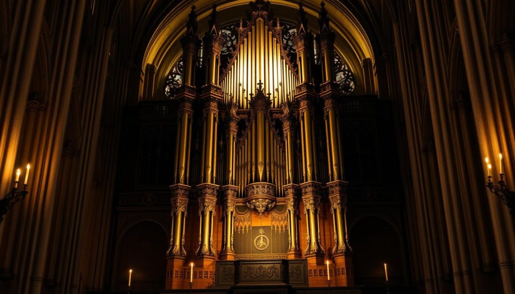 A grand, ornate pipe organ standing majestically in a dimly lit, cavernous cathedral interior. Soft, warm lighting illuminates the intricate carvings and gilded pipes, casting dramatic shadows across the scene. The organ's pipes are highlighted, their metallic surfaces gleaming, reflecting the candlelight. The overall atmosphere is one of reverence and timeless elegance, befitting the grandeur of Pachelbel's renowned Canon. The camera angle is slightly elevated, providing a sweeping view of the instrument's imposing presence, emphasizing its adaptability to various settings and performance formats.