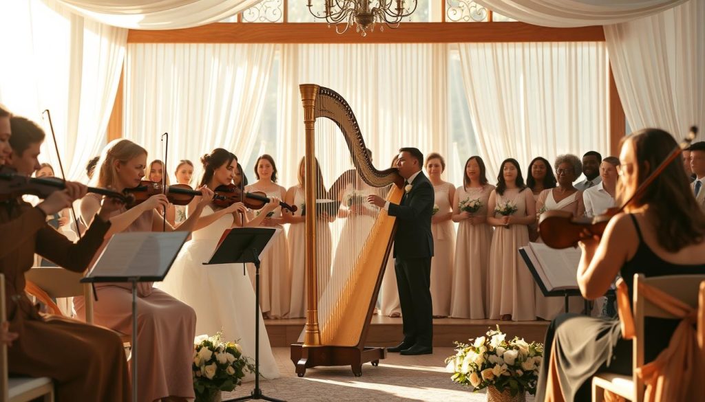 A harmonious ceremony unfolds, with musicians gracefully performing on a sun-dappled stage. In the foreground, a string quartet plays with elegant precision, their bows gliding in synchrony. In the middle ground, a harpist's fingers dance across the strings, filling the air with cascading melodies. In the background, a choir stands poised, their voices blending in a soulful chorus. The lighting is warm and inviting, casting a soft, ethereal glow over the scene. The composition is balanced and cinematic, capturing the emotional essence of a serene and captivating wedding ceremony.