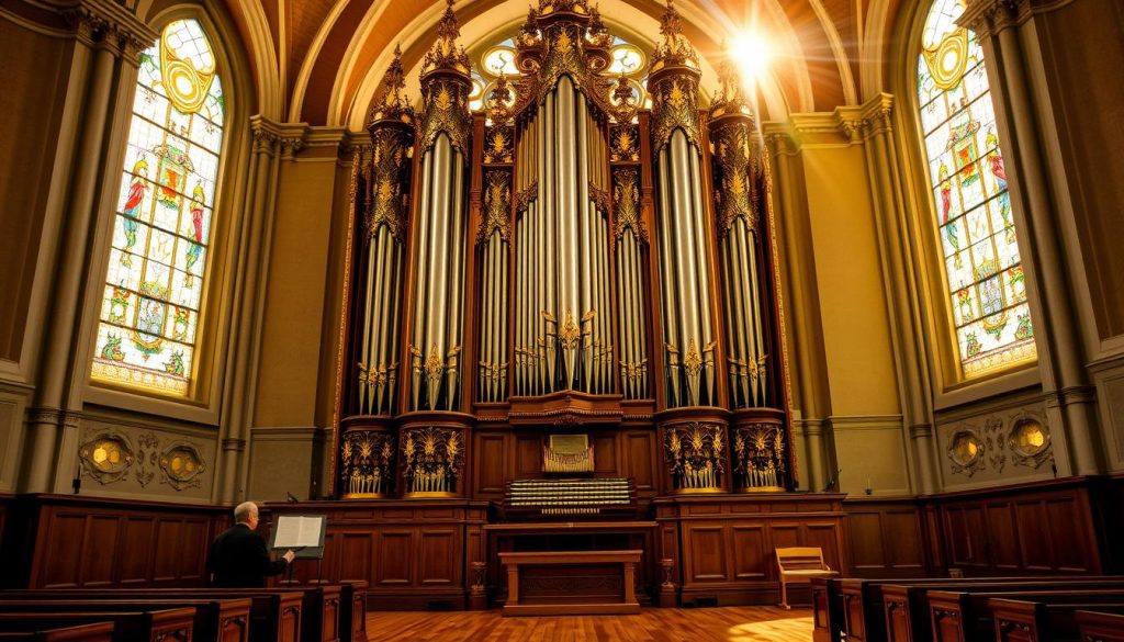 A magnificent baroque pipe organ, its majestic pipes reaching towards the heavens, adorned with intricate carvings and gilded details. The organist's skilled fingers dance across the keyboard, coaxing rich, sonorous chords from the instrument. The sanctuary is bathed in warm, golden light, casting a reverent glow upon the scene. Stained glass windows filter the sun's rays, casting a kaleidoscope of colors upon the polished wooden floors. The atmosphere is one of sacred contemplation, a perfect setting to illustrate the work of the renowned Baroque composer, Johann Pachelbel, and his masterful compositions for the church organ.