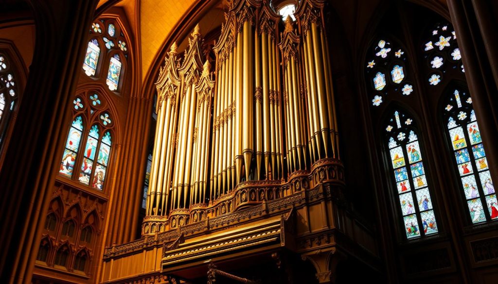 A magnificent pipe organ, its towering pipes reaching towards the heavens, stands proud in a grand cathedral. The intricate, ornate facade is bathed in warm, golden light, casting a reverent glow upon the intricate carvings and gilded details. The organist's nimble fingers dance across the keys, coaxing rich, powerful harmonies that reverberate through the vaulted ceilings, evoking a sense of timeless grandeur. In the background, stained glass windows filter soft, multicolored light, creating an ethereal, mystical atmosphere befitting the sublime music of Pachelbel and Bach. This majestic instrument, a symbol of the Baroque era's musical prowess, stands as a testament to the enduring influence and artistic legacy shared by these two legendary composers. A magnificent pipe organ, its towering pipes reaching towards the heavens, stands proud in a grand cathedral. The intricate, ornate facade is bathed in warm, golden light, casting a reverent glow upon the intricate carvings and gilded details. The organist's nimble fingers dance across the keys, coaxing rich, powerful harmonies that reverberate through the vaulted ceilings, evoking a sense of timeless grandeur. In the background, stained glass windows filter soft, multicolored light, creating an ethereal, mystical atmosphere befitting the sublime music of Pachelbel and Bach. This majestic instrument, a symbol of the Baroque era's musical prowess, stands as a testament to the enduring influence and artistic legacy shared by these two legendary composers.