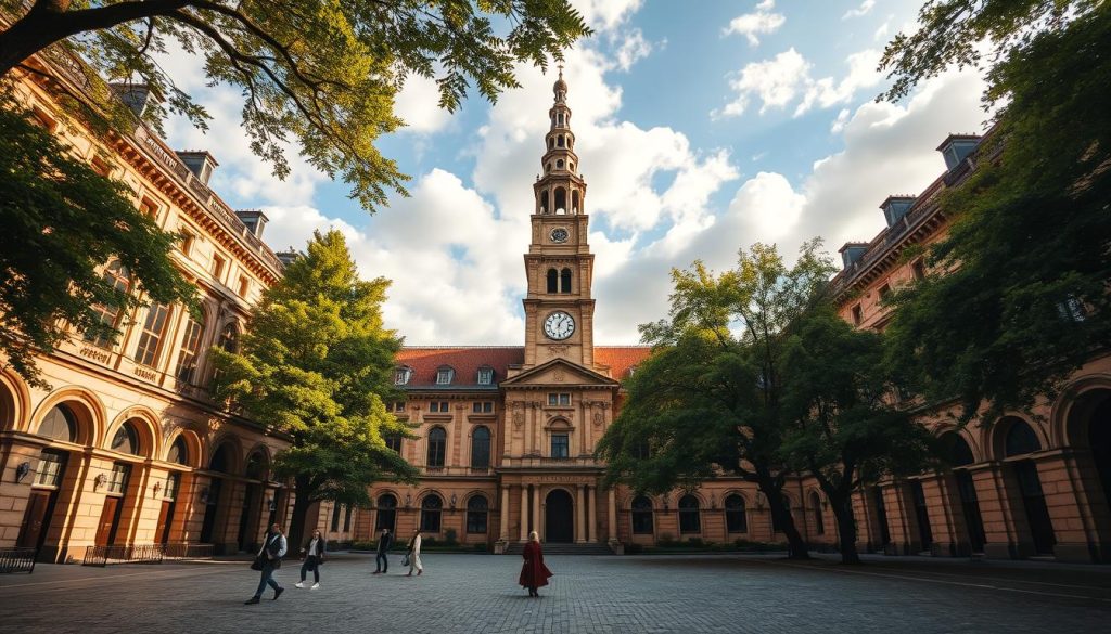 A majestic baroque university building, its ornate façade bathed in golden afternoon light. Tall arched windows and intricate stone carvings evoke the grandeur of Pachelbel's era. The foreground features a cobblestone courtyard, with students in period clothing strolling beneath towering shade trees. In the middle ground, a magnificent clocktower rises, its spire reaching towards the partially cloudy sky. The atmosphere is one of scholarly contemplation, a sense of timeless tradition and intellectual pursuit befitting the life of the renowned Baroque organist.