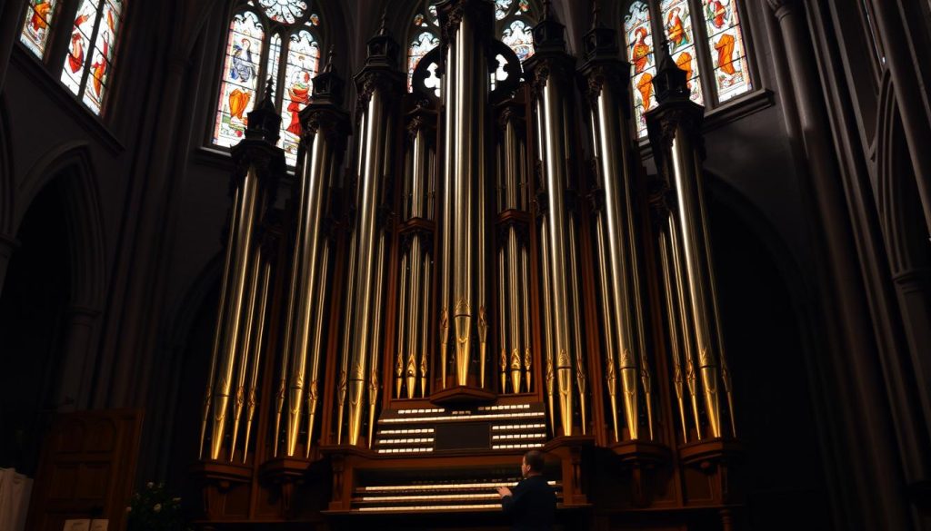 A majestic pipe organ stands tall in a dimly lit cathedral, its intricate pipes gleaming under the soft, warm light cascading through stained glass windows. The organist's skilled fingers dance across the keyboard, coaxing out the familiar, captivating melody of Pachelbel's Canon. The piece's elegant, harmonious structure unfolds, each voice weaving seamlessly with the others, creating a mesmerizing, almost hypnotic musical tapestry. The atmosphere is one of reverence and contemplation, inviting the viewer to immerse themselves in the timeless beauty of this iconic composition.